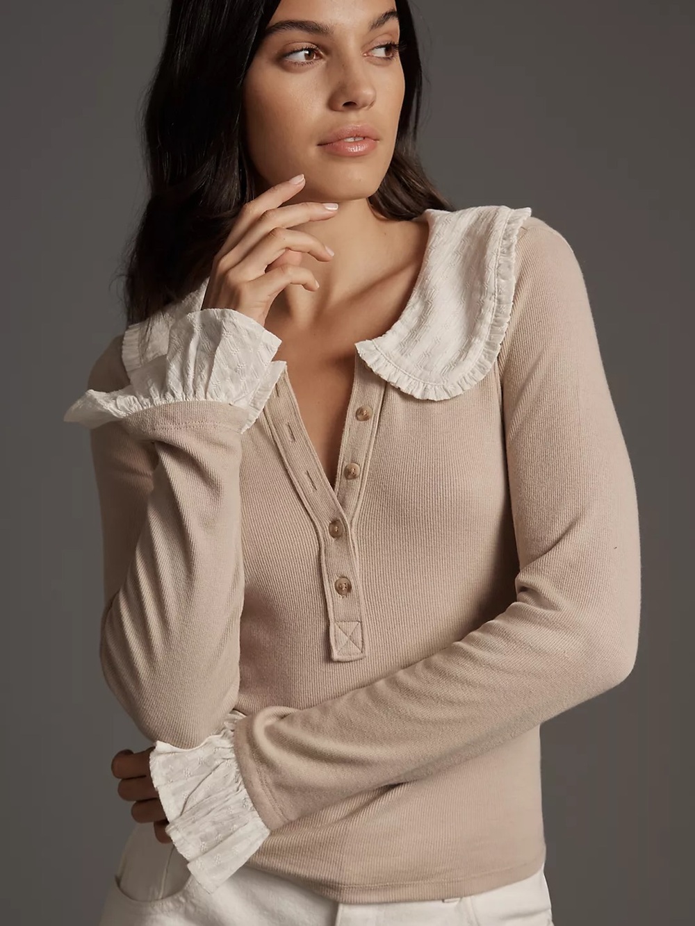 Pilcro Taupe Long Sleeve Henley Top with White Ruffled Collar